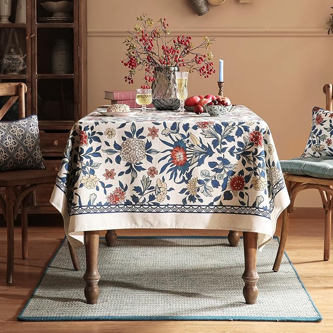 patdrea Designer Blue Tablecloth for Rectangle Tables,Vintage Linen with Leaves and Flowers Pattern Tablecloths,Farmhouse Floral Table Cover Cloth Decor for Kitchen Dining Christmas,67"*118"