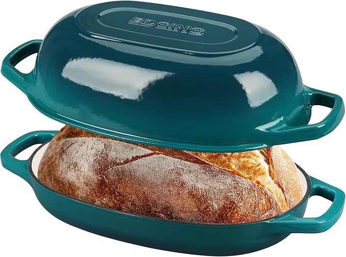 Enameled Cast Iron Oval Dutch Oven Pot with Lid, Dutch Oven for Sourdough Bread Baking, Oval Bread Pan, 5qt, Darkcyan
