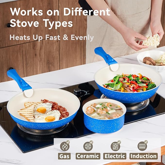 22Pcs Ceramic Cookware Set with Removable Handles – Induction/Oven Safe Pots and Pans Set Nonstick, Eco-Friendly Kitchen Essentials for Healthy Cooking, Blue