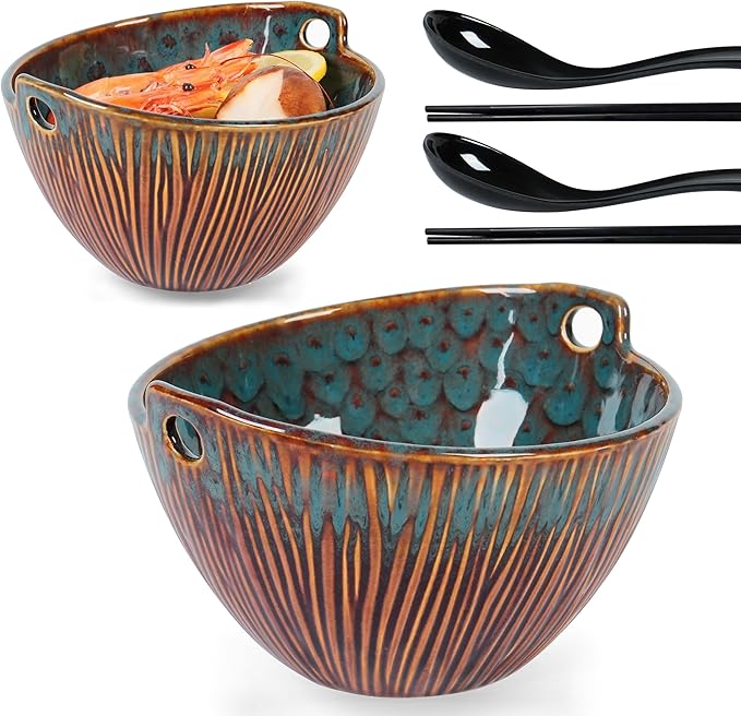 Ceramic Ramen Bowl with Chopsticks,6.7 Inch Noodle Bowls,Pho Bowls and Spoons Set,Japanese Bowl for Pho,Udon,Soba,Noodle,Microwave Safe,Set of 2(Peacock Green)