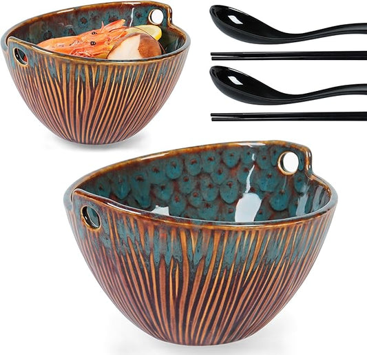 Ceramic Ramen Bowl with Chopsticks,6.7 Inch Noodle Bowls,Pho Bowls and Spoons Set,Japanese Bowl for Pho,Udon,Soba,Noodle,Microwave Safe,Set of 2(Peacock Green)