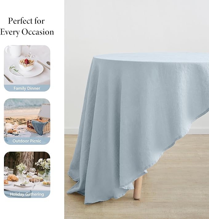 Linen World Blue Linen Tablecloth - 100% French Linen Round Tablecloth 60" Inch, Washable Natural Tablecloth for Dining, Outdoor, Weddings and Restaurants, Decorative Valentine Easter - Mist Blue