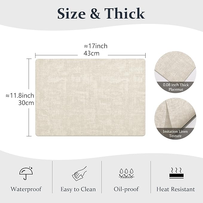 FROMHEART Faux Leather Placemats Set of 8–Waterproof,Heat/Oil Stain-Resistant PU Table Mat–Reversible,Non-Slip,Easy to Clean Place Mats for Kitchen,Dining,Indoor/Outdoor,(Beige,11.8" x 17")