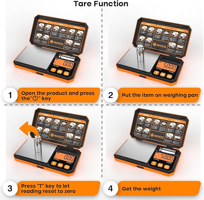 MAXUS 500g x 0.01g Digital Gram Scale with USB and Battery Power, Precision Pocket Scale with 50g Calibration Weight and Self-Sealing Cellophane Bags