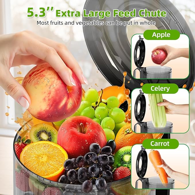 Budsom Cold Press Juicer Machine: 300W Slow Masticating Juicer for Whole Fruits & Vegetables, 5.3" Wide Feed Chute, High Juice Yield, Easy to Clean, Quiet 55 RPM, Juice Extractor for Home & Kitchen