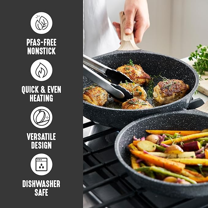 GreenLife Nonstick 2 Piece Frying Pan Set, 9.5" & 11" Skillets Ceramic PFAS-Free Nontoxic, Induction Suitable, Wood Print Handles, Stay-Cool Handles, Deep Cooking Skillets, Egg Pan, Granite Black
