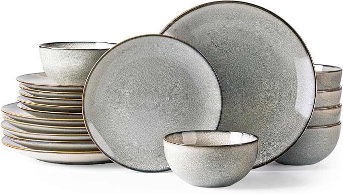 GBHOME Ceramic Dinnerware Sets for 6, 18 Pieces Stoneware Plates and Bowls Sets, Reactive Glaze Dish Set-Scratch Resistant, Dishwasher&Microwave Safe