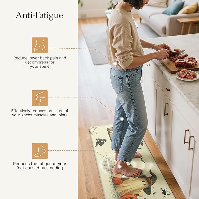 GENIMO Halloween Decorations - Kitchen Mats for Floor, 2PCS Kitchen Rugs, Cushioned Anti Fatigue Mat for Home Decor, Waterproof Non-Slip Comfort Standing Mat for Laundry, 17.3"x47"+17.3"x30", Beige