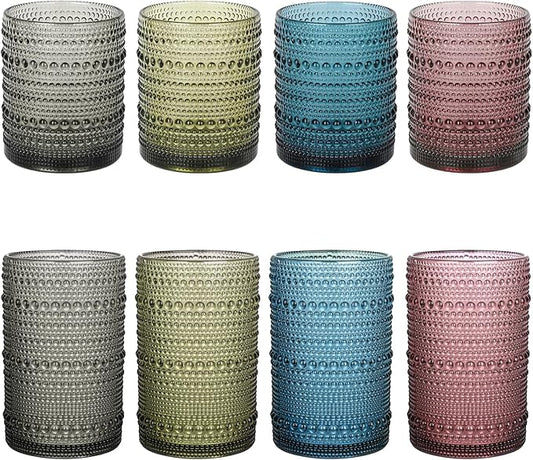 Vintage Hobnail Drinking Glasses Set of 8,Colored 12 oz & 15oz Highball Glass Cups, Kitchen Drinkware Glassware,Embossed Water Tumbler,for Beer,Cocktail,Whiskey,Juice and Various Mixed Drinks
