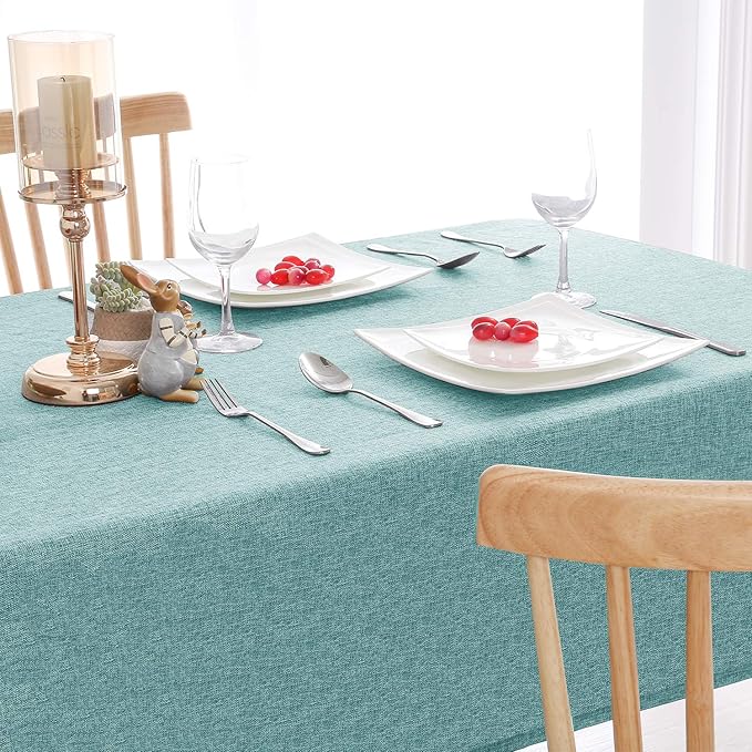 Hiasan 2 Pack Faux Linen Rectangle Tablecloth - Wrinkle and Stain Resistant Washable Table Cloth for Kitchen Dining Room Holiday Table Cover for Party Dinner, Aqua, 90 x 132 Inch