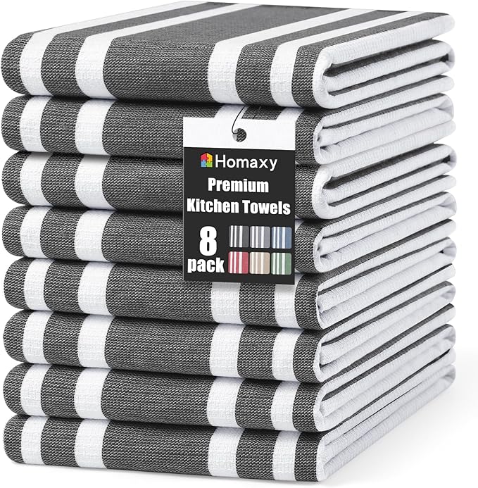 Homaxy Premium Kitchen Towels 18”x 28”, Large Cotton 380 GSM Kitchen Hand Towels, Stripe and Terry Dish Towel, Highly Absorbent Tea Towel Set with Hanging Loop, 8 Pack, Black