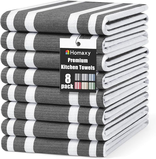 Homaxy Premium Kitchen Towels 18”x 28”, Large Cotton 380 GSM Kitchen Hand Towels, Stripe and Terry Dish Towel, Highly Absorbent Tea Towel Set with Hanging Loop, 8 Pack, Black