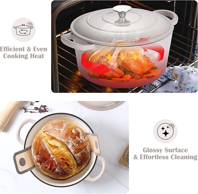 E-far Enameled Dutch Oven Pot for Bread Baking, 6QT Enameled Cast Iron Cookware with Self-Basting Lid & Sourdough Bread Baking Supplies, Heavy Duty Casserole Pot & Dual Handles-Khaki