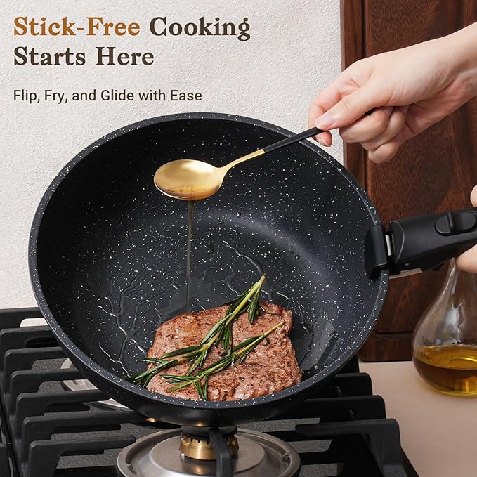 15Pcs Pots and Pans Set Non Stick, Cookware Sets with Detachable Handle, Nonstick RV Kitchen Cooking Tools Removable Handles, Oven Safe, Induction Fast, Stackable Induction Cookware,Black