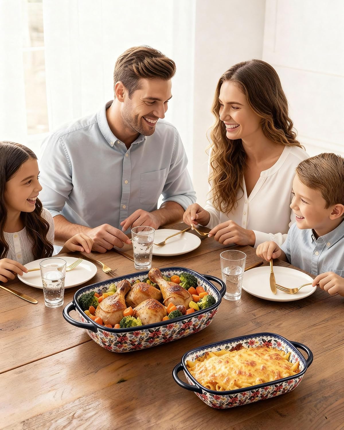 Polish Pottery Style Ceramic Baking Dish Set of 2 – Decorative Casserole Dishes with Handles, Cute Oven-Safe Lasagna Bakeware Gift Set