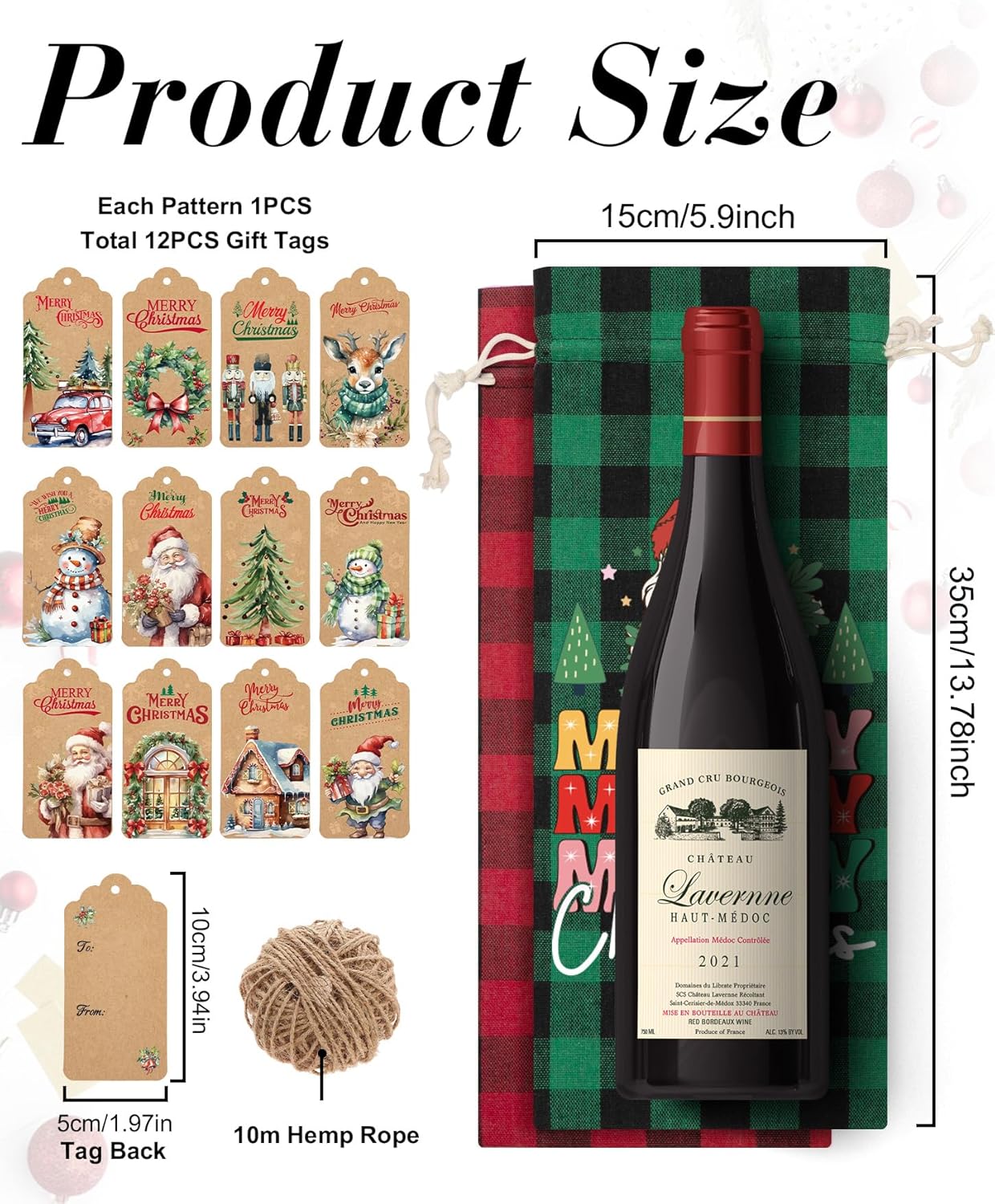 12PCS Burlap Wine Bag Christmas Wine Gift Bags, Drawstring Retro Christmas Bottle Cover Gift Bag w/ Tag, Buffalo Plaid Wines Bags for Bottles Gifts Reusable Bottle Covers for Xmas Holiday Party Decor