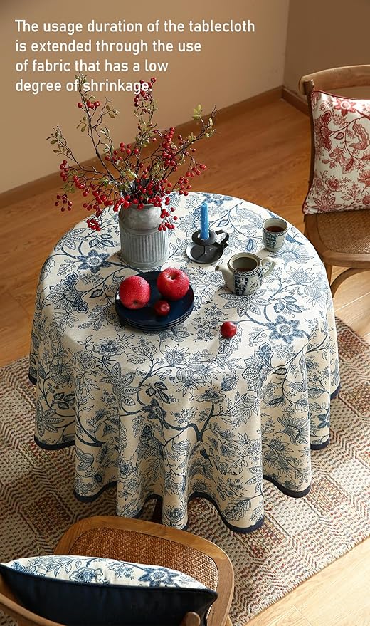 French Floral Tablecloth for Round Tables,Linen Table Cloth with Blue Flowers Pattern,Heavy Durable Table Cover for Dining Kitchen Decor Party Banquet Christmas, Diameter 55"