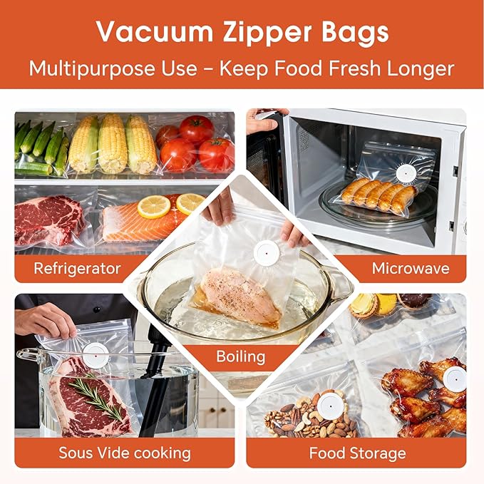 Reusable Vacuum Sealer Bags (42 Bags + 7 Clips), BPA-Free Vacuum Zipper Bags in 3 Sizes (8.7"x8.3", 10.2"x11", 11.8"x13.4") for Food Storage, Freezer & Sous Vide, Compatible with Food Saver
