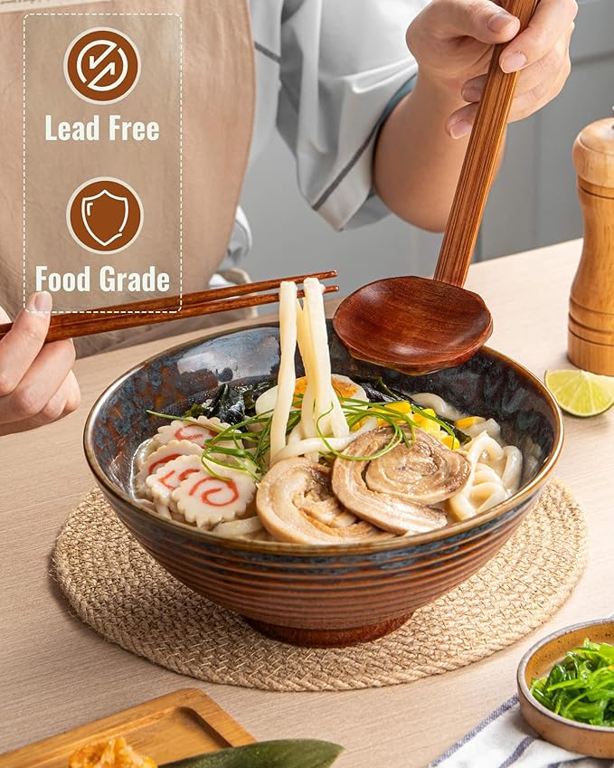 8 Inch 40oz Large Japanese Ramen Bowl Set of 2,Material Safety Ceramic Ramen Bowls with Matching Chopsticks and Spoons, Pho Bowls Ramen Noodle Bowl for Asian Udon Soup Salad Cereal(Peacock Tail)