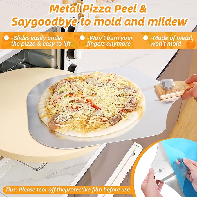 Pizza Stone 5 PCS Set, 15 Inch Large Round Pizza Stone Set for Oven & Outdoor Grill with Metal Pizza Peels & Cutter Rocker, 0.6'' Thickened Stone Pizza Pan, Grill Baking Stone for Pizza, Bread