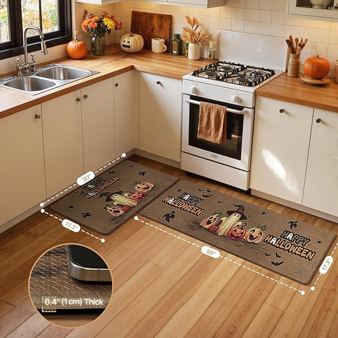 GENIMO Halloween Decorations - Kitchen Mats for Floor, 2PCS Kitchen Rugs, Cushioned Anti Fatigue Mat for Home Decor, Waterproof Non-Slip Comfort Standing Mat for Laundry, 17.3"x59"+17.3"x30", Brown