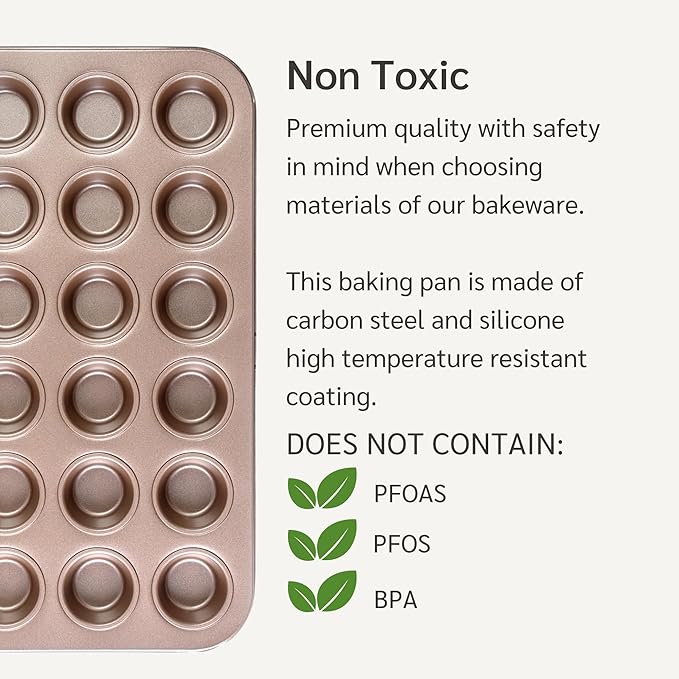 HAPPIELS Non Toxic Nonstick 24 Cup Mini Muffin Pan | PFOA BPA free Nontoxic Mini Cupcake Tin | Best Non Stick Muffin Pans | Carbon Steel Small Muffin tins | Cupcakes Bakeware Mold