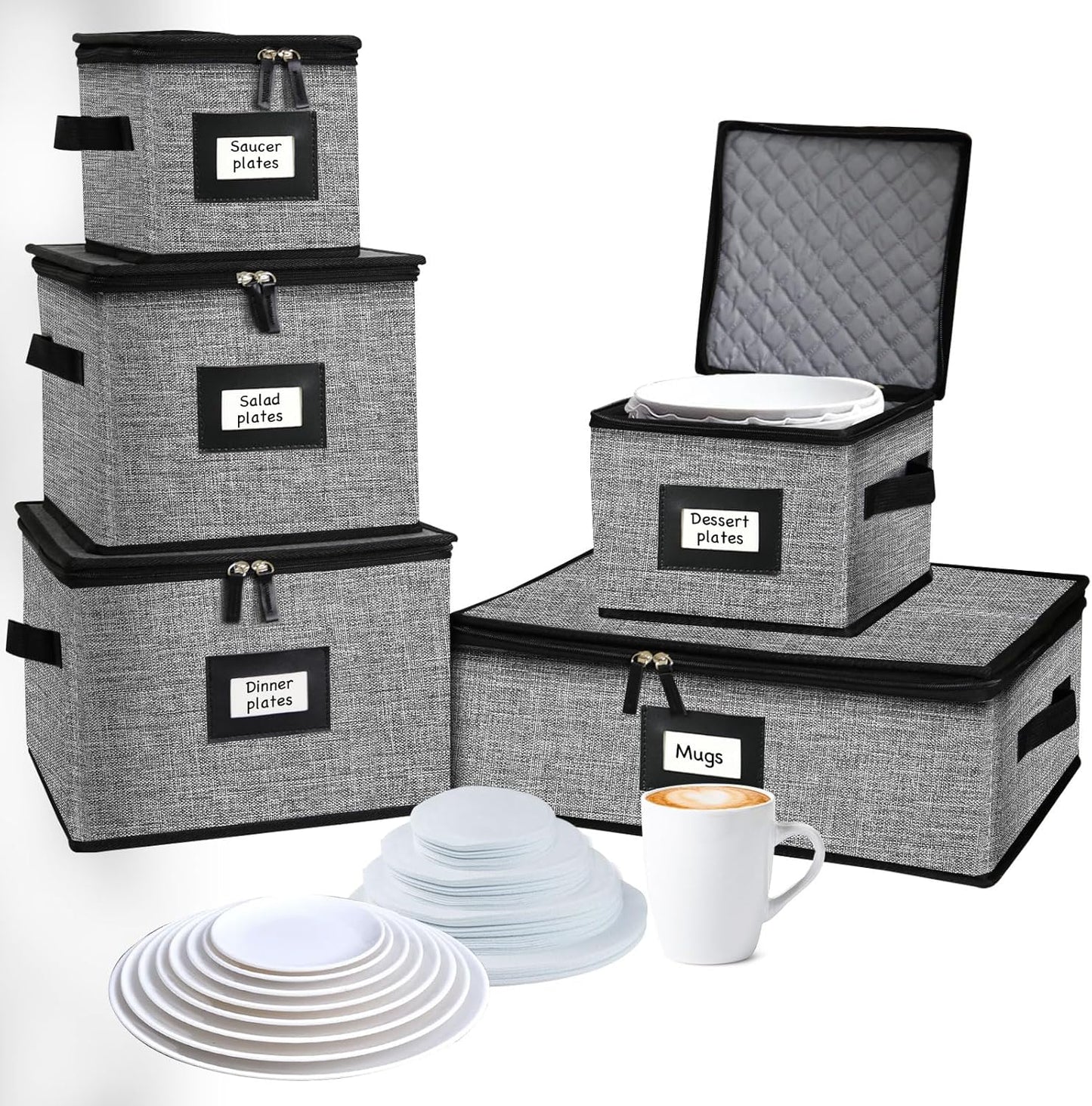 5 PACK China Storage Containers-Quilted Mug Storage and Moving Boxes for Dishes,Dish Packing Supplies for Moving,Dinnerware &Accessories,Holds a total of 48 plates (4 sizes) and 12 cups(Grey)
