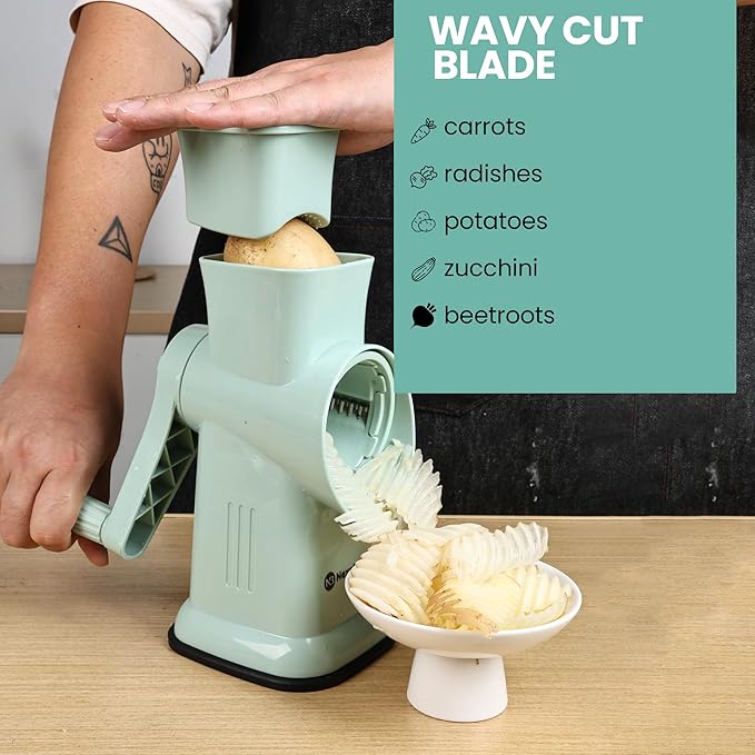 6 in 1 Rotary Cheese Grater Hand Crank with 6 Stainless Steel Blades, Cheese Shredder with Reinforced Suction Base, Grater For Cheese, Vegetables, Nuts and Ice, Easy to Clean