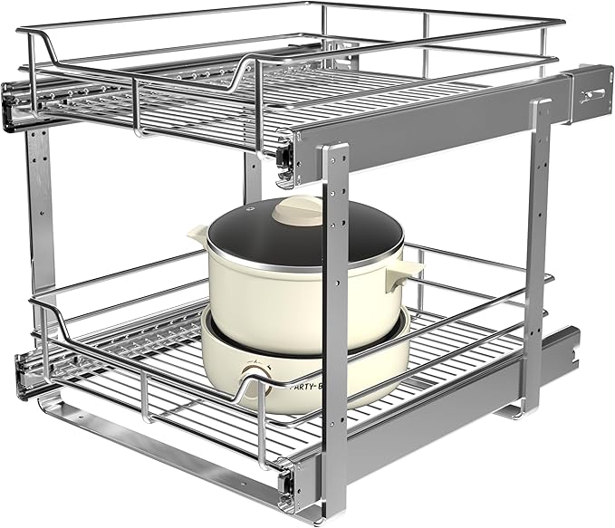 2-Tier Pull Out Cabinet Organizer (17.5" W x 22" D), Pull Out Shelves and Drawer for Kitchen Pantry Storage Basket, Heavy-Duty Metal Sliding Shelf, Chrome Finish