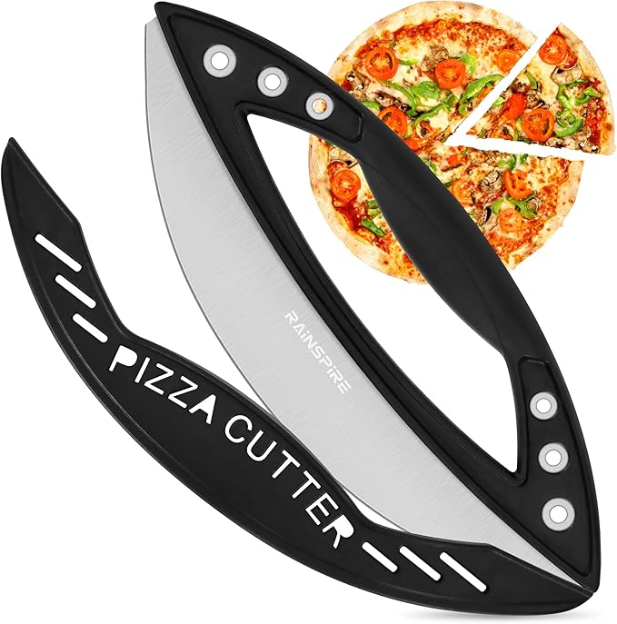 Rainspire 12" Pizza Cutter Rocker Blade Stainless Steel Pizza Rocker with Cover Sharp Blade Pizza Knife Dishwasher Safe Kitchen Gadgets Home Essentials, Black