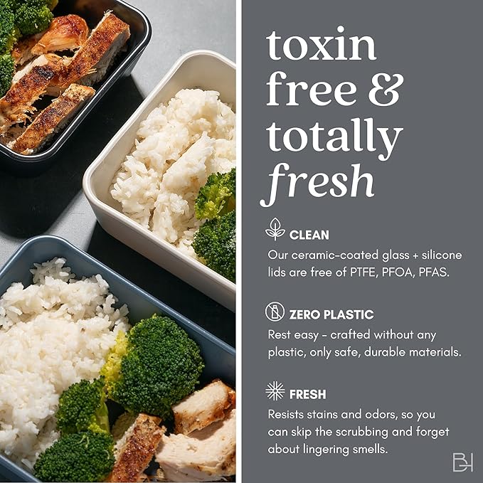 Ceramic Coated Glass Food Storage Container | No PTFE, PFOA, PFAS, and BPA | Reusable Non Toxic Meal Prep Container with Glass Lid | Easy To Store | 6 Cup Rectangle [Crema]