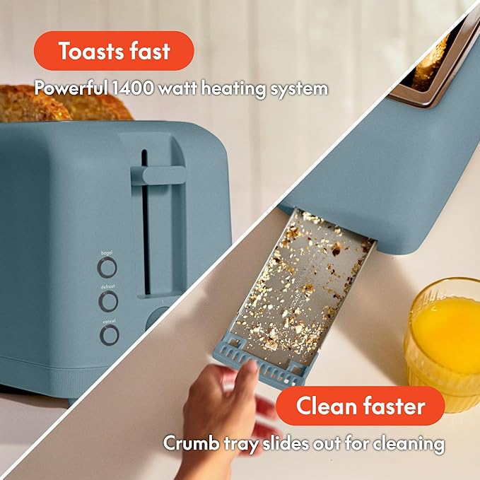 bella 4 Slice Slim Toaster, Fits-anywhere Kitchenware, 6 Setting Shade Control with Reheat & Cancel Buttons, Fits Sourdough, 10” Long Slot, Anti Jam & Auto Shutoff, 900 Watt, Surf