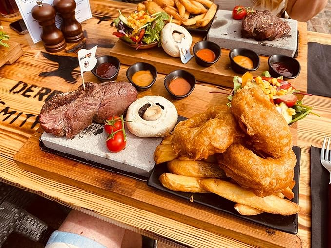 Black Rock Grill Steak, Hot Stone Grill - Sizzling Hot Rock, Indoor Grill, Cooking Stone with Matt Black Ramekins and Side Plate (One Standard Set)