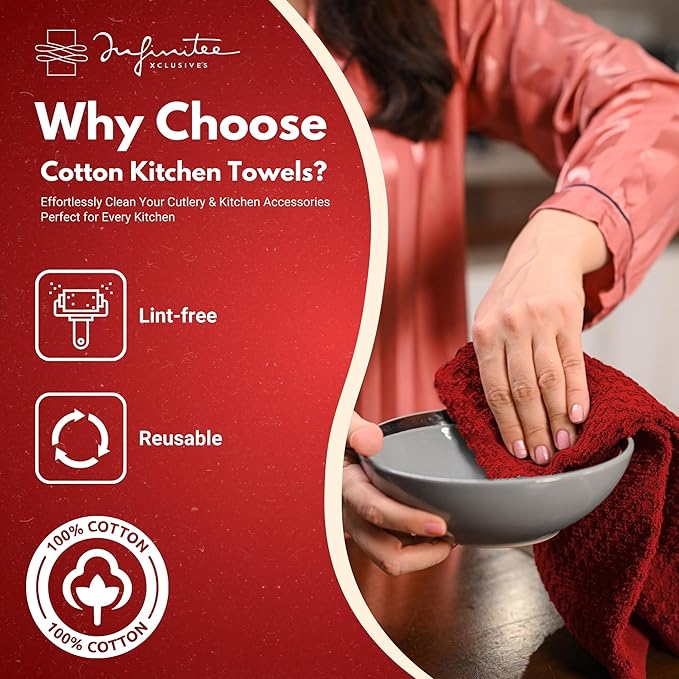 Infinitee Xclusives Premium Kitchen Towels - [Pack of 12] 100% Cotton Kitchen Hand Towels (15 x 25 Inches) - Dish Towels for Kitchen |Passionate Red|