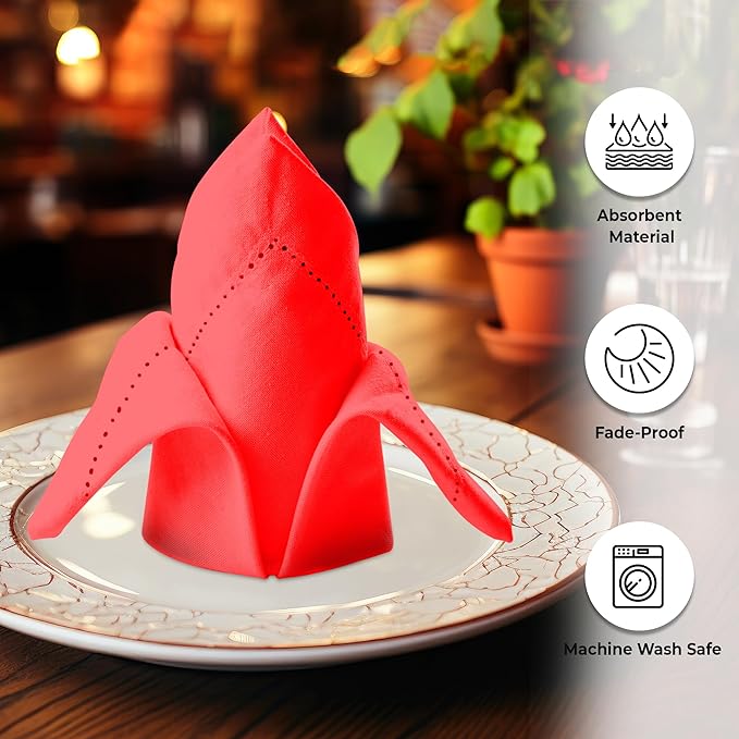 Urban Villa Cloth Napkin Set of 12 Hemstitch Solid Red 20x20 Inches Premium Soft Cotton Highly Absorbent Reusable & Washable Dinner Table Napkins for Home and Weddings
