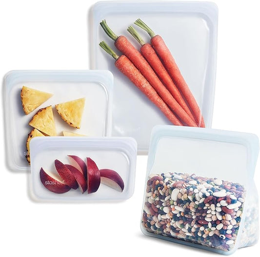 Stasher Premium Silicone Reusable Food Storage Bags, 4-Pack, Clear, Multi-Use Food Storage Bags, Lunch Bag, Travel Containers, BPA Free, Leak-free, Dishwasher-Safe, Eco-friendly