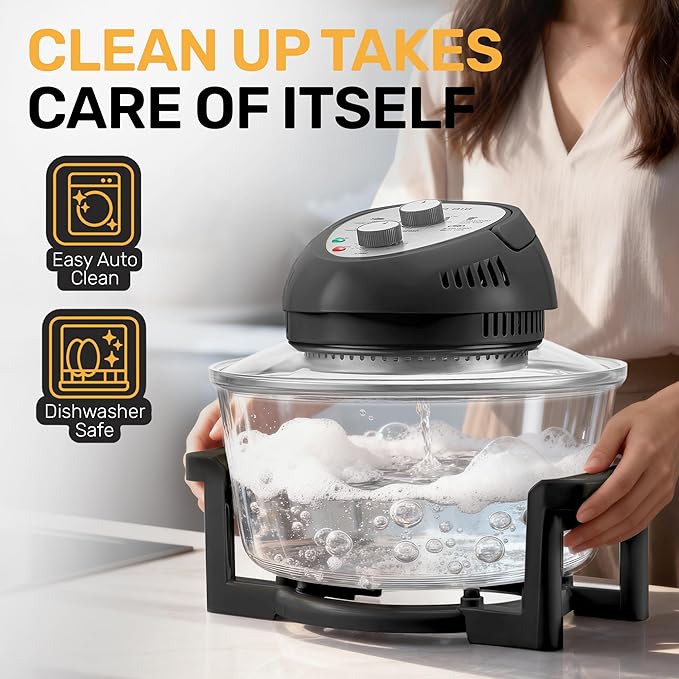 Big Boss 16Qt Extra Large Glass Air Fryer Non Toxic – Family Sized 4 in 1 Cooker with 3 Cooking Sections, Stainless Steel Racks for French Fries, Chicken, No Preheat, Self Cleaning, Dishwasher Safe