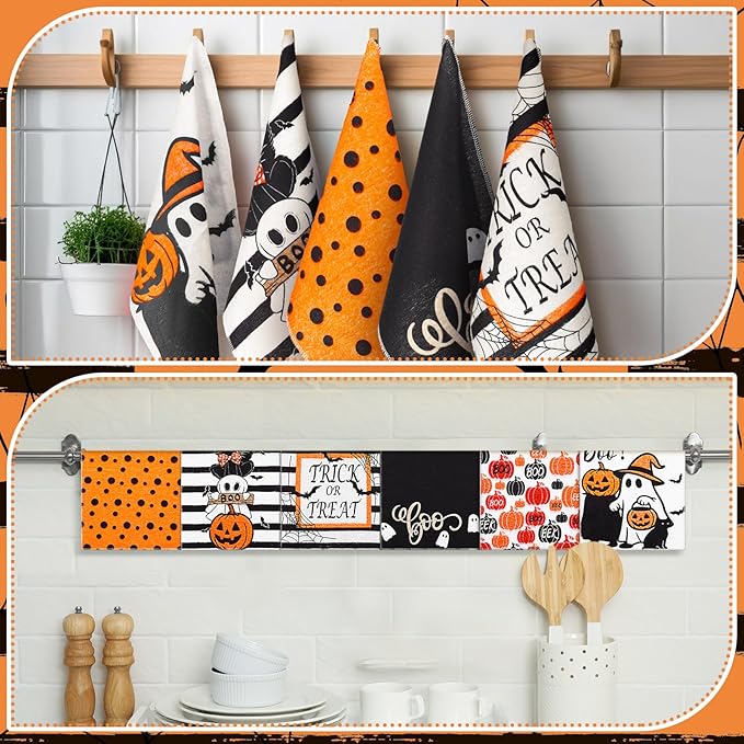 36 Pcs Halloween Reusable Paper Towels Rolls Washable Bulk Halloween Boo Ghost Pumpkin Kitchen Dish Towels Paperless Reusable Cloth Cotton Napkins with Cardboard for Kitchen Bathroom