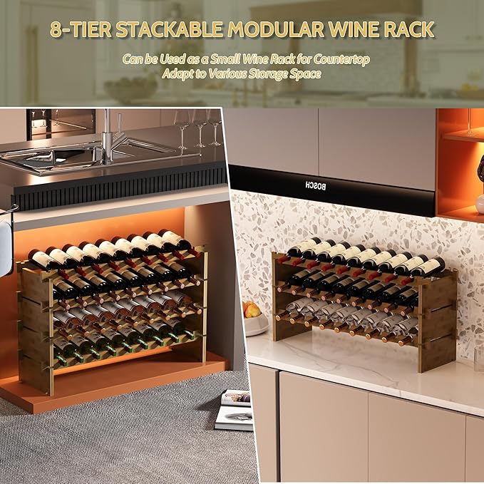 Wine Rack Freestanding Floor, Bamboo 8-Tier 69 Wine Bottle Holder Racks Countertop Cabinet Display, Wooden Stackable Modular Wine Storage Organizer Shelves for Kitchen Bar Cellar Dining Room Walnut