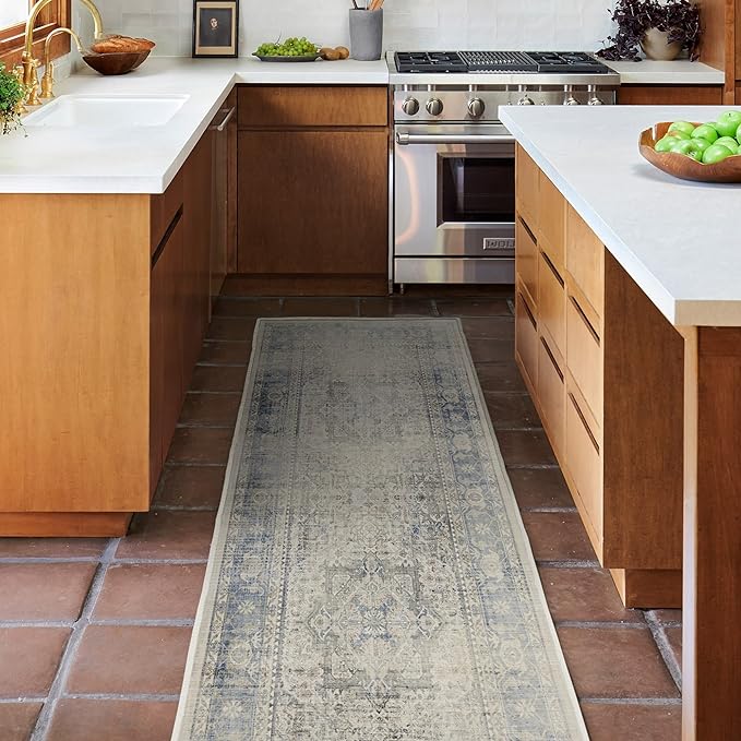 RUGGABLE Washable Vintage Runner Rug – Kamran Blue Quartz 2.5x7, Stain-Resistant, Non-Slip Hallway Runner – Machine Washable Rug for Hallway, Entryway, Living Room & Kitchen–with Cushioned Pad