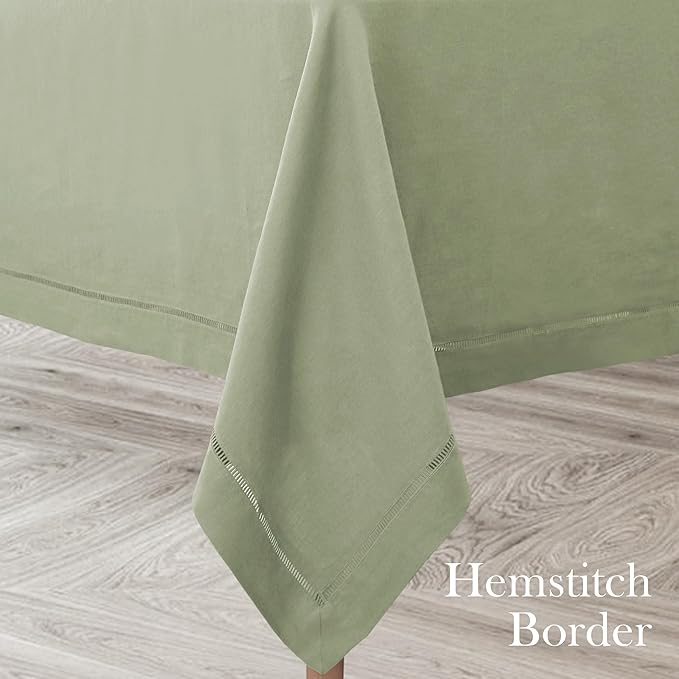 Linen World Hemstitch Linen Tablecloth, French Linen Sage Tablecloth 90" x 60" Inch, Washable Rectangular Table Cloth for Dining, Outdoor, Weddings and Restaurants, Decorative Valentine Easter