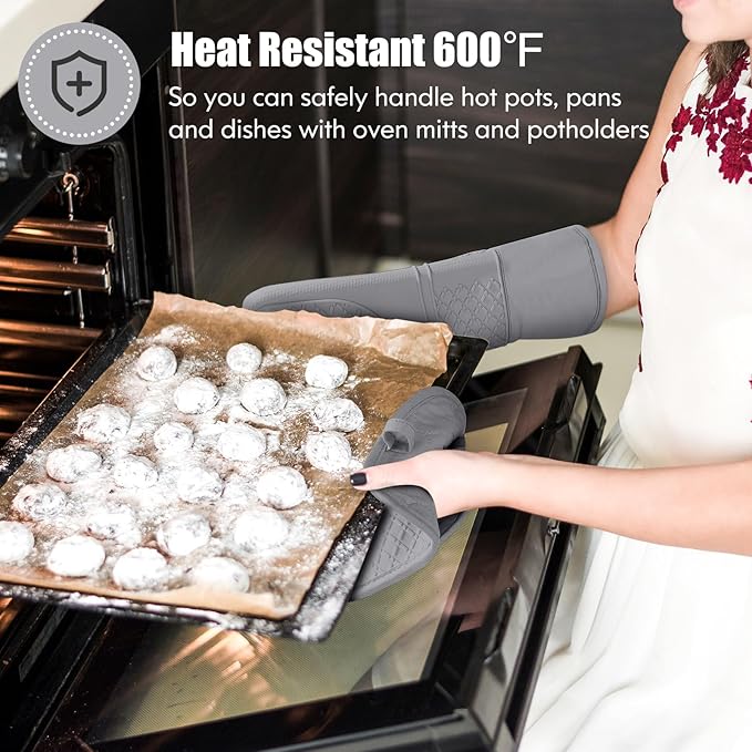 Oven Mitt and Pot Holders Sets, Quilted Cotton Terry Cloth,Non-Slip Pot Holder, Silicone Oven Mitt Heat Resistant, Oven Mittens 7.3"x14.2", Hot Pad 7"x10" & Dish Cloths 13"x25"