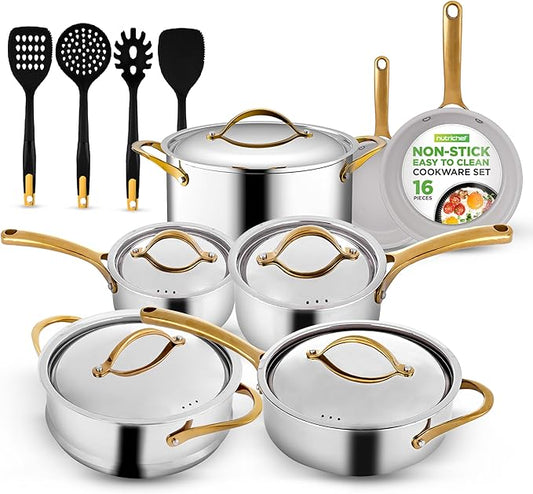 NutriChef 16-Piece Premium Stainless Steel Cookware Set – Tri-Ply Construction, Induction Compatible, Stylish Design with Golden Handles, Includes Pots, Ceramic Coated Fry Pans, and Utensils