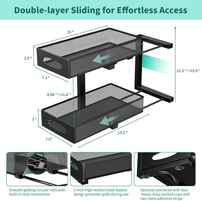 Under Sink Organizer, 1-Pack of 2-Tier Metal Slide Out Pull Out Cabinet Organizer Shelf, Height Adjustable Organization and Storage Series, Bathroom/Desktop/Cabinet/Kitchen organization, Black