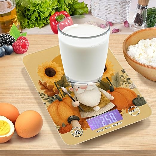 Fall Gnome Pumkin Sunflowers Thanksgiving Food Scale Kitchen Digital Scale Food Ounces and Grams Dieting Baking Cooking Waterproof Glass Panels LCD Display,4 Units Tare Function