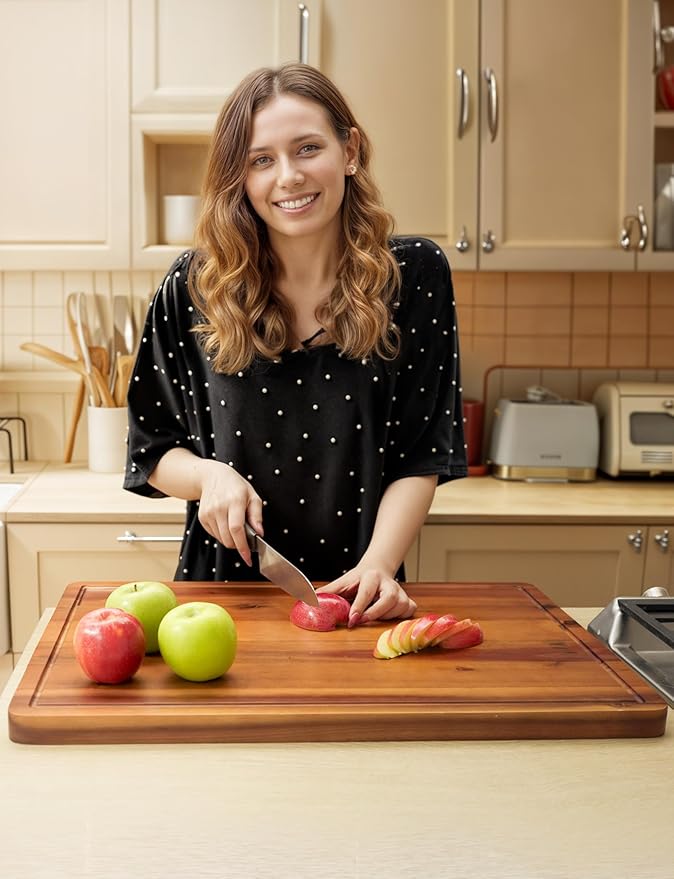 Acacia Wood Cutting Board and Chopping Board with Handle for Meat, Cheese Board, Vegetables, Bread, and Charcuterie Board - Wooden Serving Board for Kitchen, Dining Room (24" x 18")