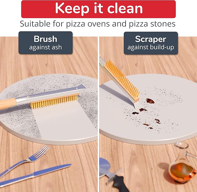 22” Pizza Oven Brush with Stone Scraper - Heat Resistant Stainless Steel Bristles, Extra Long Handle - Universal Fit for Most Pizza Ovens