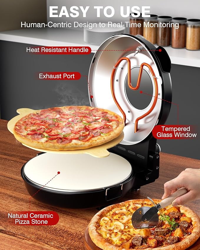 PYY Pizza Oven - 12 Inch Electric Pizza Maker Machine Heats up to 800℉ with Pizza Stone, Viewing Window, Thermometer Table Top Portable Pizza Cooker Countertop for Home Patio RV Dorm
