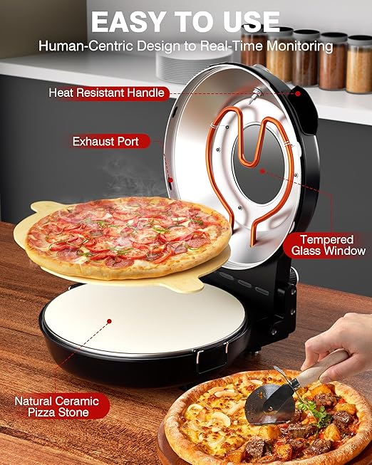 PYY Pizza Oven Indoor 12 Inch Electric Pizza Oven Countertop Heats up to 800℉ with Pizza Stone Viewing Window Thermometer Table Top Pizza Cooker Portable Pizza Maker Machine for Home Patio RV Dorm