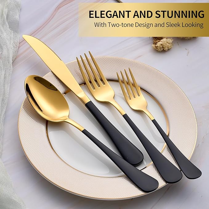 20-Piece Black & Gold Silverware Set, 18/0 Stainless Steel Colorful Handle Flatware Set, Service for 4, Modern Cutlery Set Includes Dinner Knives Forks Spoons, Mirror Polished, Dishwasher Safe